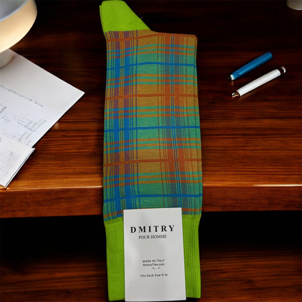 DMITRY Green Patterned Made in Italy Mercerized Cotton Socks