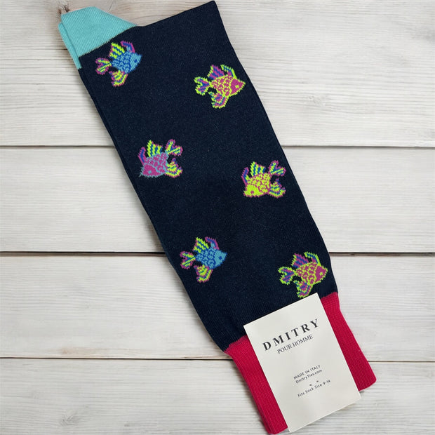 DMITRY Navy Patterned Made in Italy Mercerized Cotton Socks