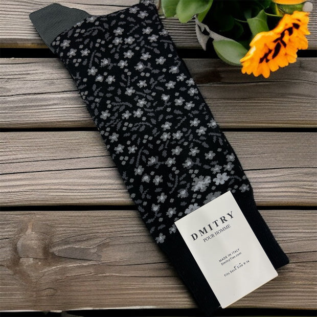 DMITRY Black Patterned Made in Italy Mercerized Cotton Socks