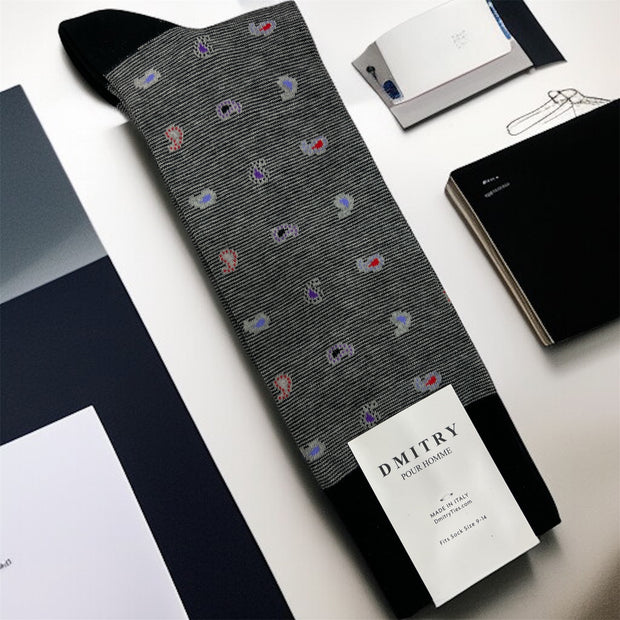 DMITRY Grey Patterned Made in Italy Mercerized Cotton Socks