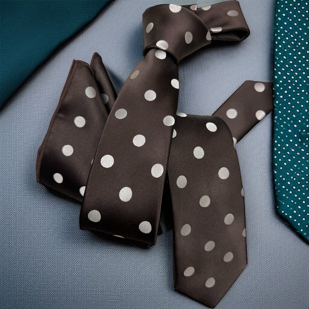 DMITRY Men's Brown Polka Dot Patterned Italian Silk Semi Skinny Tie & Pocket Square Set