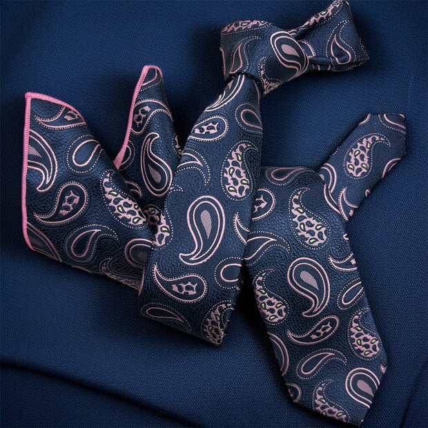 DMITRY Men's Blue Patterned Italian Silk Semi Skinny Tie & Pocket Square Set