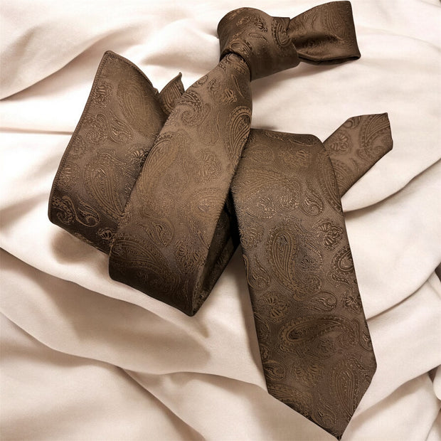 DMITRY Men's Brown Patterned Italian Silk Semi Skinny Tie & Pocket Square Set