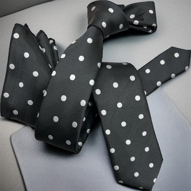 DMITRY Men's Black Polka Dot Patterned Italian Silk Semi Skinny Tie & Pocket Square Set