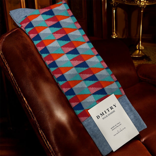 DMITRY Blue Patterned Made in Italy Mercerized Cotton Socks