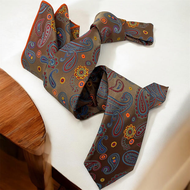 DMITRY Men's Taupe Patterned Italian Silk Tie & Pocket Square Set - Limited Edition