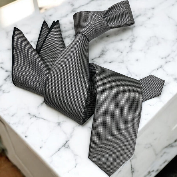 DMITRY Men's Grey Patterned Italian Silk Tie & Pocket Square Set - Limited Edition