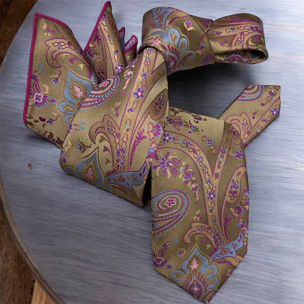 DMITRY 7-Fold Men's Taupe Patterned Italian Silk Tie & Pocket Square Set (Limited Edition)