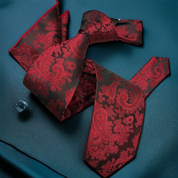 DMITRY 7-Fold Men's Red Patterned Italian Silk Tie & Pocket Square Set (Limited Edition)