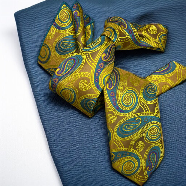 DMITRY 7-Fold Men's Yellow  Patterned Italian Silk Tie & Pocket Square Set (Limited Edition)