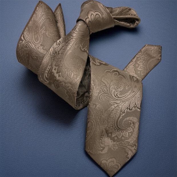 DMITRY 7-Fold Men's Dark Champagne Patterned Italian Silk Tie & Pocket Square Set (Limited Edition)
