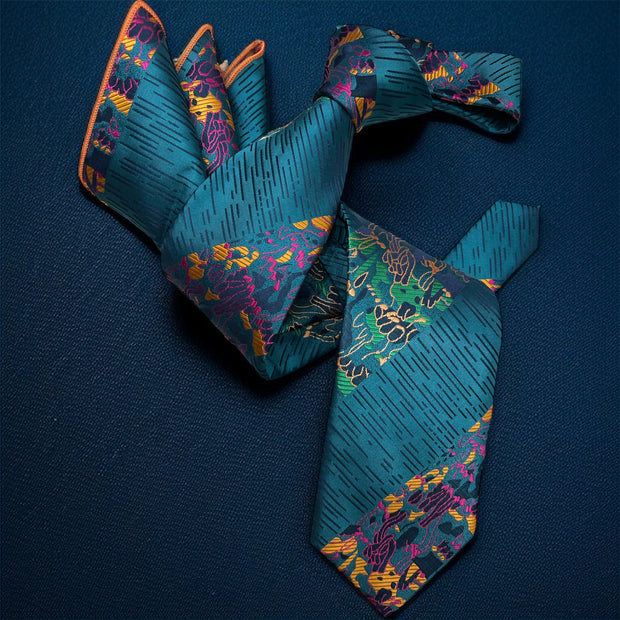 DMITRY 7-Fold Men's Teal Patterned Italian Silk Tie & Pocket Square Set (Limited Edition)