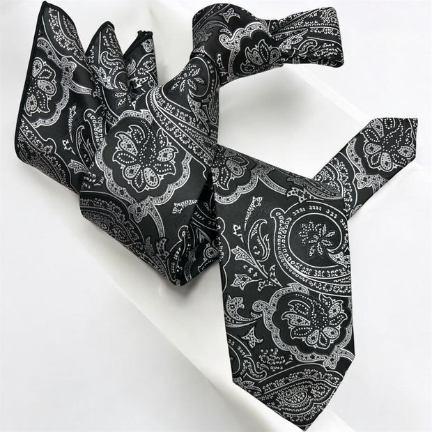DMITRY 7-Fold Men's Black Patterned Italian Silk Tie & Pocket Square Set (Limited Edition)