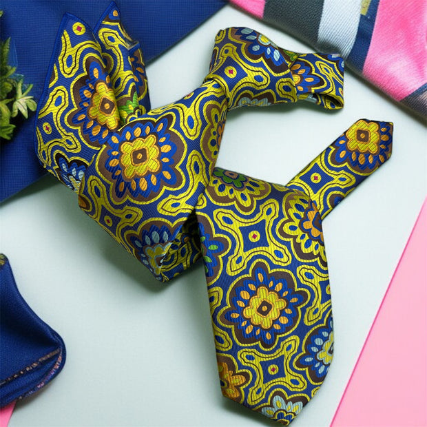 DMITRY 7-Fold Men's Yellow Patterned Italian Silk Tie & Pocket Square Set (Limited Edition)