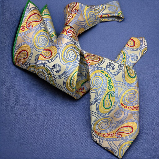 DMITRY 7-Fold Men's Cream Patterned Italian Silk Tie & Pocket Square Set (Limited Edition)