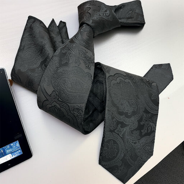 DMITRY 7-Fold Men's Black Patterned Italian Silk Tie & Pocket Square Set (Limited Edition)