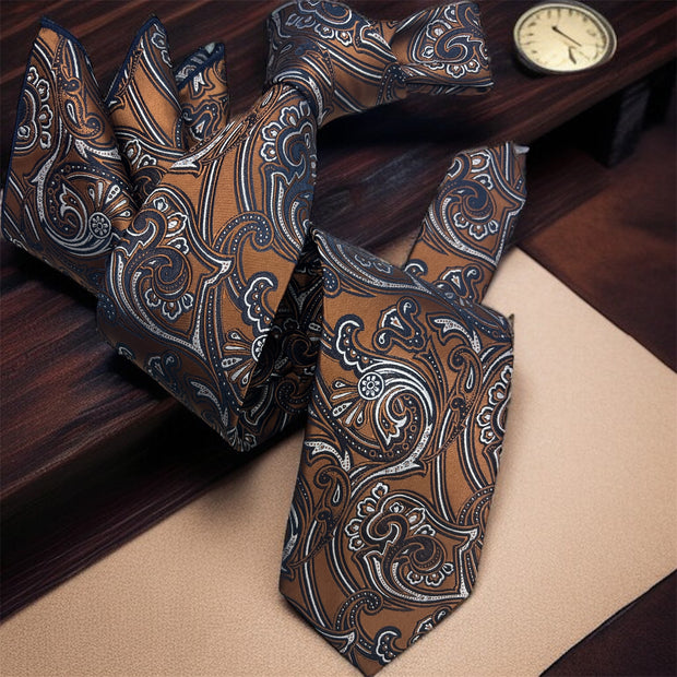 DMITRY 7-Fold Men's Rust Orange Patterned Italian Silk Tie & Pocket Square Set (Limited Edition)