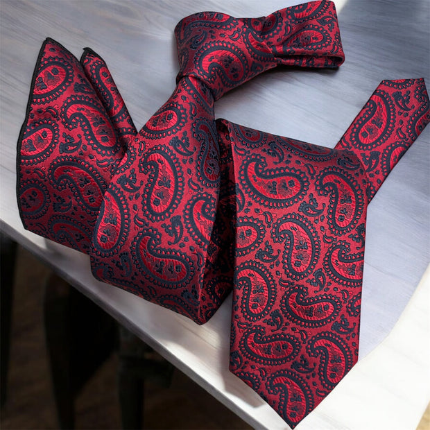 DMITRY Men's Red Patterned Italian Silk Tie & Pocket Square Set - Limited Edition
