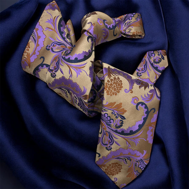 DMITRY 7-Fold Men's Beige Patterned Italian Silk Tie & Pocket Square Set (Limited Edition)