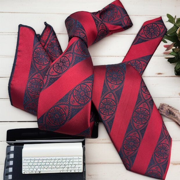 DMITRY Men's Red Patterned Italian Silk Tie & Pocket Square Set - Limited Edition