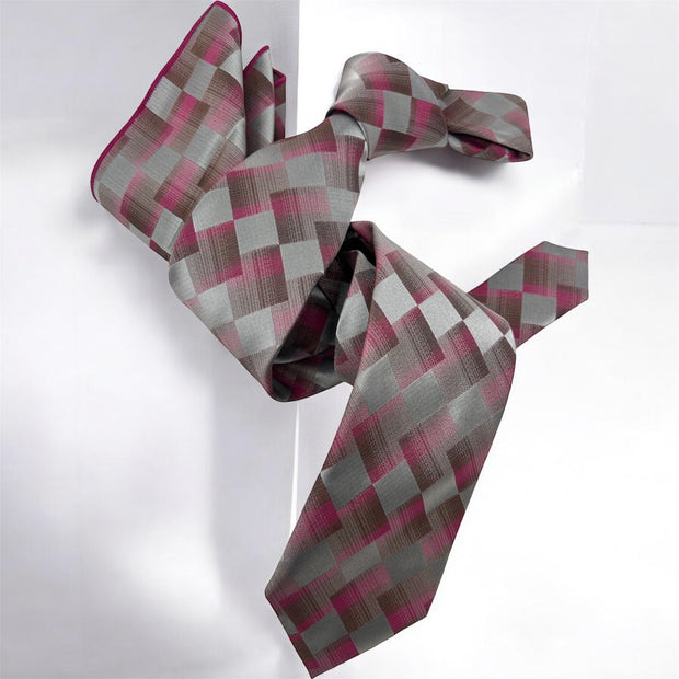 DMITRY Men's Silver/Fuchsia Patterned Italian Silk Tie & Pocket Square Set - Limited Edition