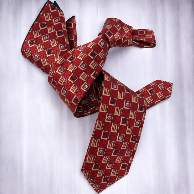 DMITRY Men's Red Patterned Italian Silk Tie & Pocket Square Set - Limited Edition