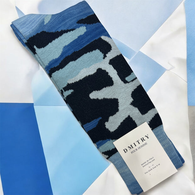 DMITRY Blue Patterned Made in Italy Mercerized Cotton Socks
