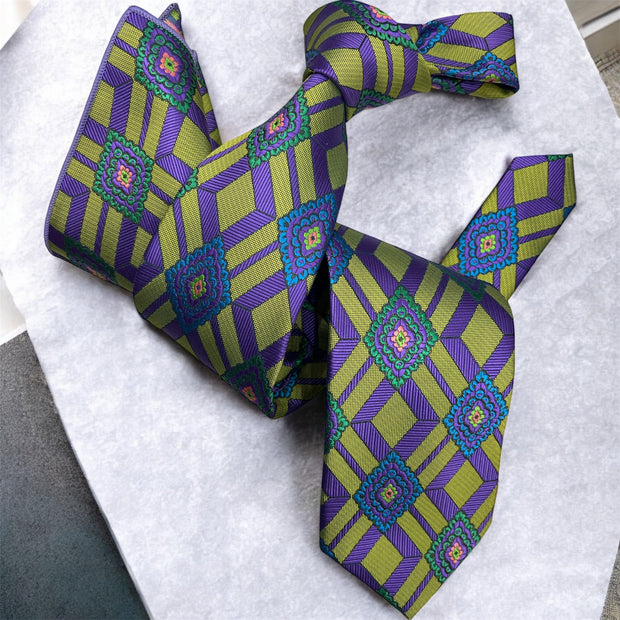 DMITRY 7-Fold Men's Green Patterned Italian Silk Tie & Pocket Square Set (Limited Edition)