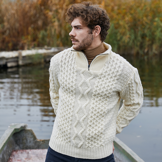 Men's Made in Ireland Wool Natural Half Zip Sweater