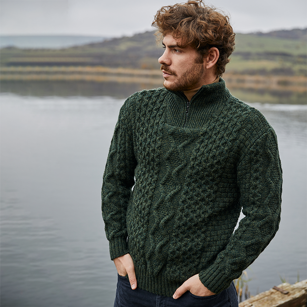 Men's Made in Ireland Wool Army Green Half Zip Sweater