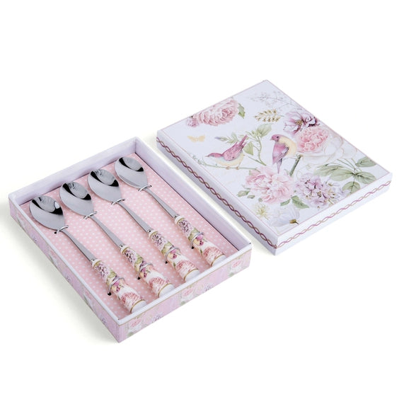 Floral Dessert Spoons with Ceramic Handles in Gift Box - Set of 4
