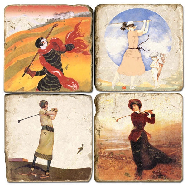 "Women & Golf" - Tumbled Marble Coasters Set of Four (4)