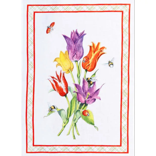 Italian Tulips Rosso Print Linen Tea Towel - Made in Italy