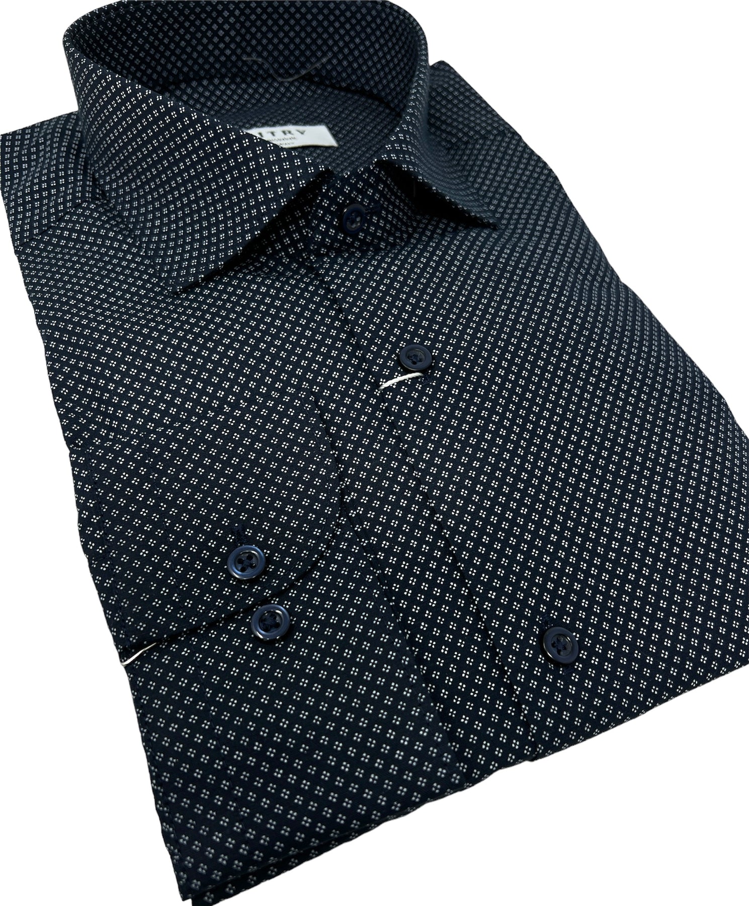 DMITRY Navy Patterned Italian Cotton Men's Long Sleeve Shirt (Online Exclusive) XL 17-17.5 34/35