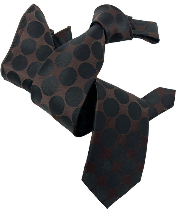 DMITRY 7-Fold Men's Black/Brown Polka Dot Italian Silk Tie & Pocket Square Set