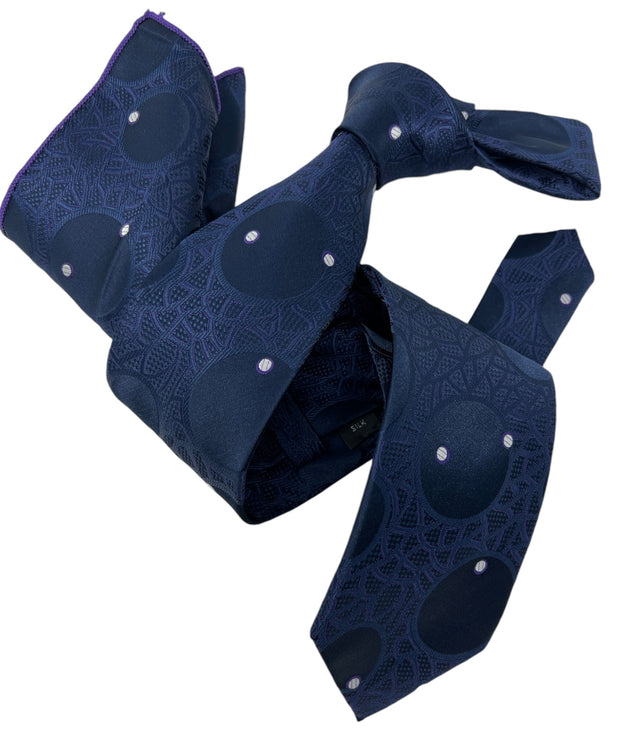 DMITRY Men's Navy Patterned Italian Silk Tie & Pocket Square Set