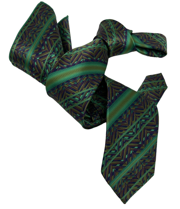 DMITRY Men's Green Patterned Italian Silk Tie & Pocket Square Set