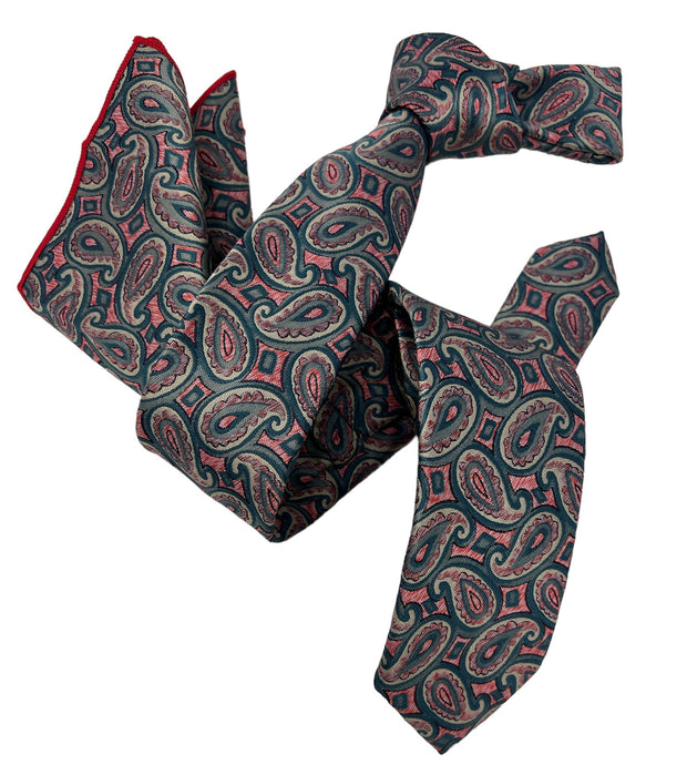DMITRY Men's Green Patterned Italian Silk Semi Skinny Tie & Pocket Square Set