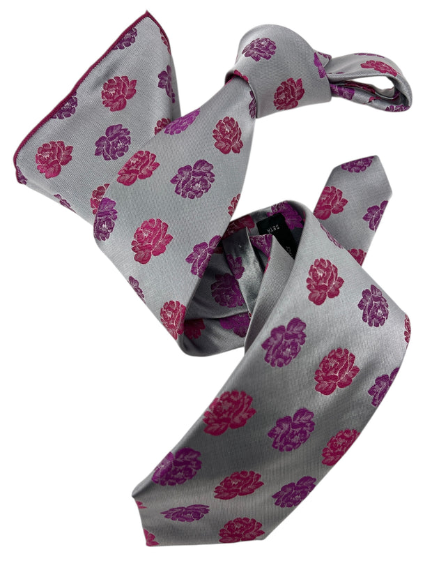 DMITRY Men's Silver Patterned Italian Silk Tie & Pocket Square Set - Limited Edition