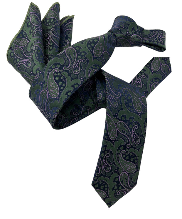 Dmitry Men's Green/Purple Patterned Italian Silk Semi Skinny Tie & Pocket Square Set