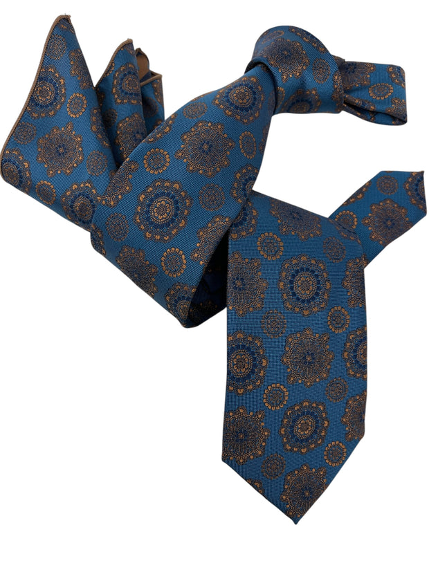 DMITRY Men's Teal Patterned Italian Silk Tie & Pocket Square Set - Limited Edition