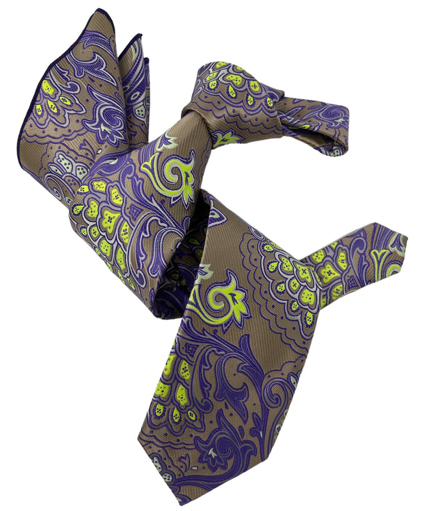 DMITRY 7-Fold Men's Beige/Purple Patterned Italian Silk Tie & Pocket Square Set