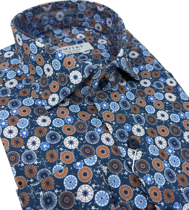 DMITRY Blue Patterned Italian Cotton Men's Long Sleeve Shirt (Online Exclusive)