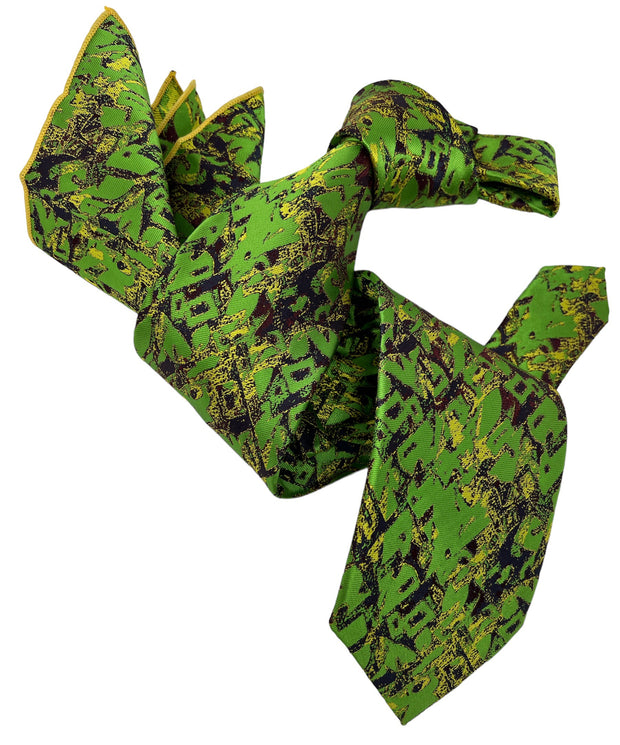 DMITRY 7-Fold Men's Green Patterned Italian Silk Tie & Pocket Square Set