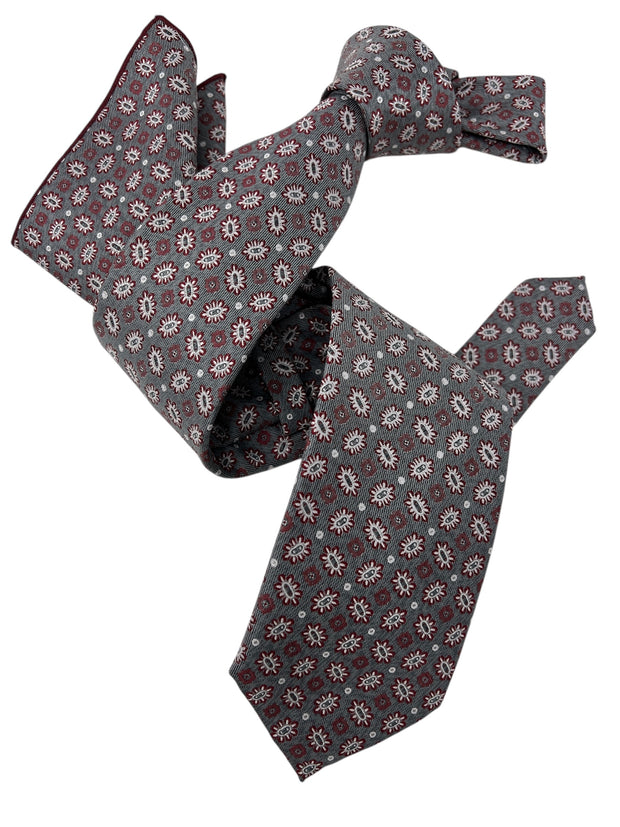 DMITRY Men's Grey Patterned Italian Silk Tie & Pocket Square Set - Limited Edition