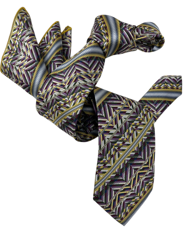 DMITRY Men's Purple/Yellow Patterned Italian Silk Tie & Pocket Square Set - Limited Edition