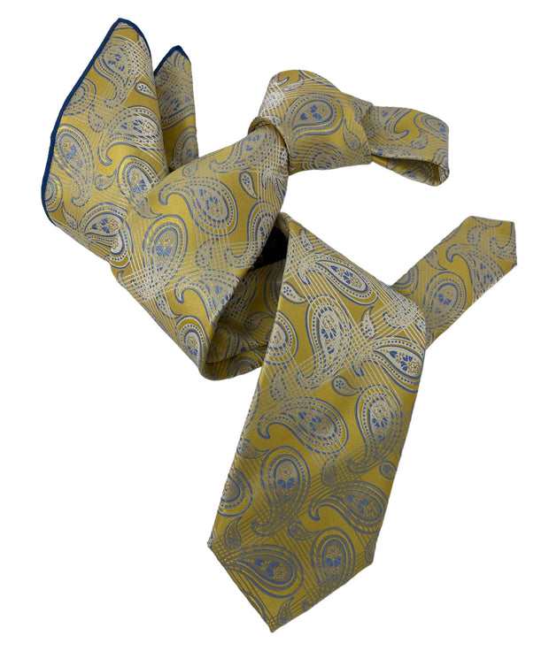 DMITRY Men's Yellow Patterned Italian Silk Tie & Pocket Square Set