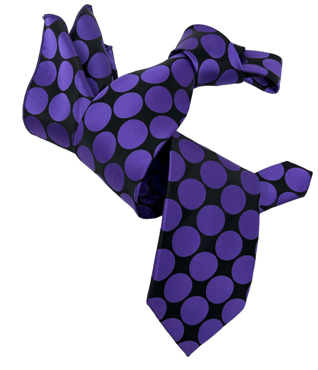 DMITRY 7-Fold Men's Purple/Black Polka Dot Italian Silk Tie & Pocket Square Set