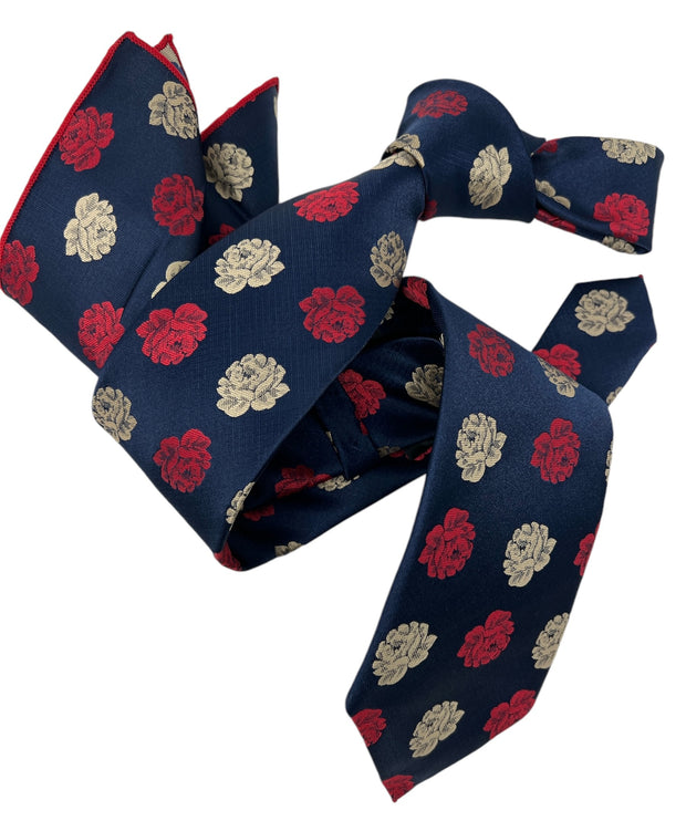 DMITRY Men's Navy Patterned Italian Silk Tie & Pocket Square Set