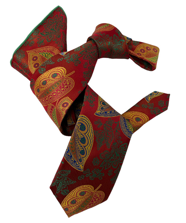 DMITRY 7-Fold Men's Brick Red Patterned Italian Silk Tie & Pocket Square Set